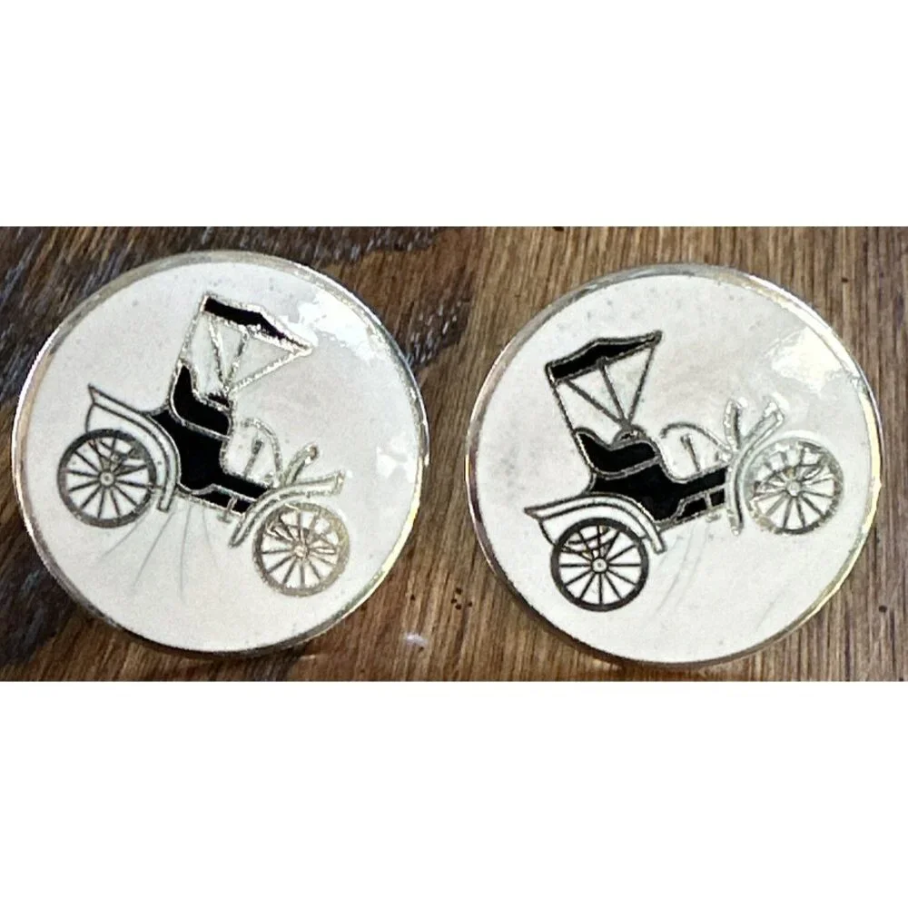 Vintage Enamel 1904 Ford Model A Car Cufflinks Pair Round White‎ Gold
